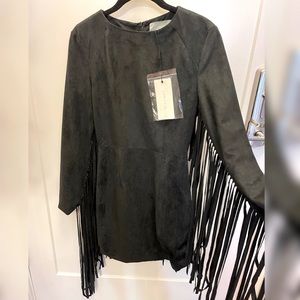 Black faux suede fringe dress. Lavish Alice size XS